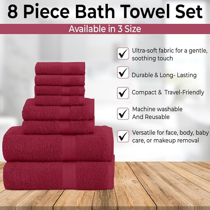Pack of 8 Towels Set, 2 Large Bath Towels, 2 Hand Towels, 4 Wash Cloths, 100% Cotton, Lighter Weight, Quicker to Dry, Super Absorbent, Perfect for Bathroom (Burgandy)