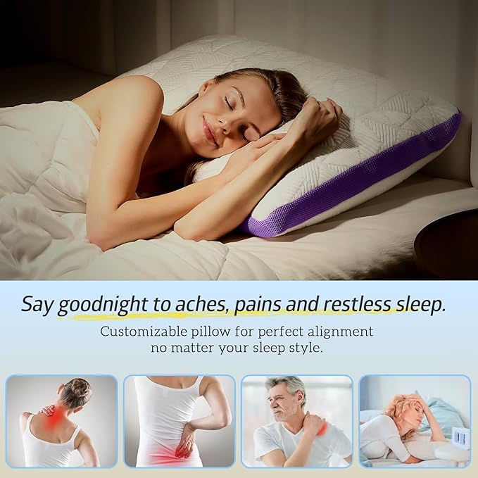BETU Cooling Pillow King Size, Shredded Memory Foam Pillows for Hot Sleepers, Adjustable Firm Bed Pillows, Hotel Collection Side Sleeper Pillow for Back Pain, Neck, Purple, 20”x36”