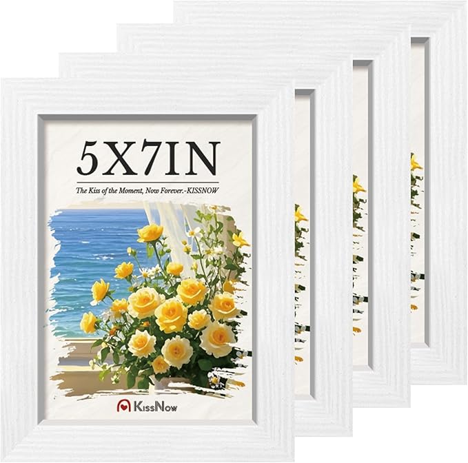5x7 Picture Frame 4 Pack, White Solid Wood Gallery Photo Frame, Wall Hanging or Tabletop Display