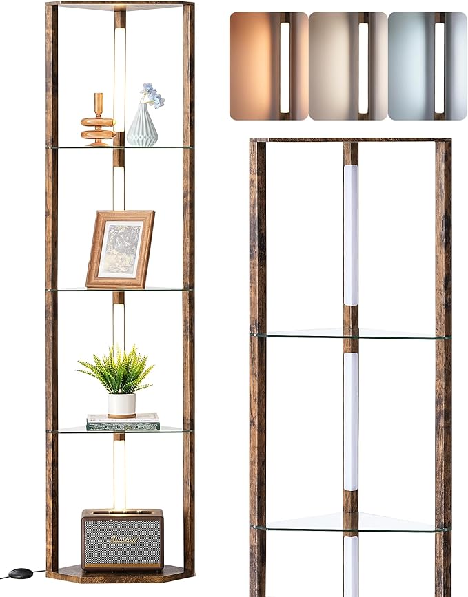 EDISHINE Corner Shelf with Light, 5-Tier Glass Display Shelf with Remote/Foot Control, 3CCT & Dimmable Corner Lamp, Open Display Cabinet, Standing Lamp for Living Room, Bedroom, Flamewood Color