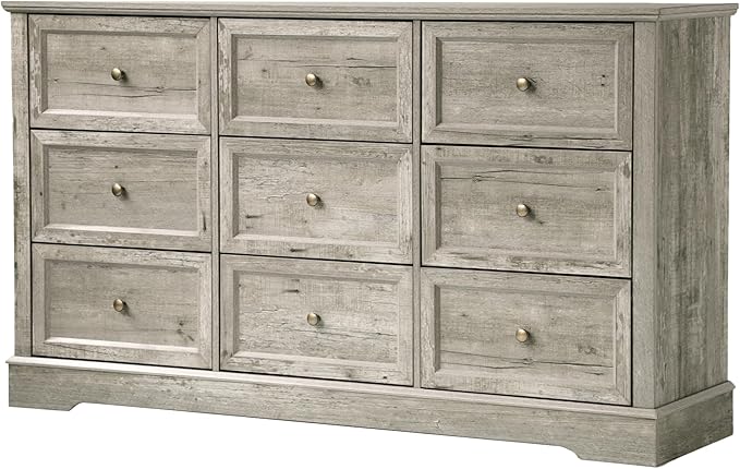 Farmhouse Dresser 9 Drawer, Bedroom Chest of Drawers, Dressers with 9 Drawers, Wooden Dressers for Bedroom, Living Room, Tv Stand, Entryway (Grey-9 Drawers)