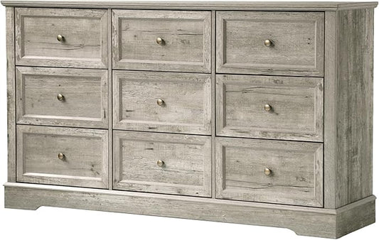 Farmhouse Dresser 9 Drawer, Bedroom Chest of Drawers, Dressers with 9 Drawers, Wooden Dressers for Bedroom, Living Room, Tv Stand, Entryway (Grey-9 Drawers)