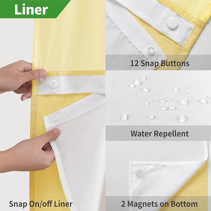 No Hooks Needed Linen Textured Shower Curtain with Snap-in Fabric Liner Set,Hotel Luxury Decor Shower Curtains for Bathroom with Mesh Top Window,Waterproof & Washable,71Wx74H,Gold