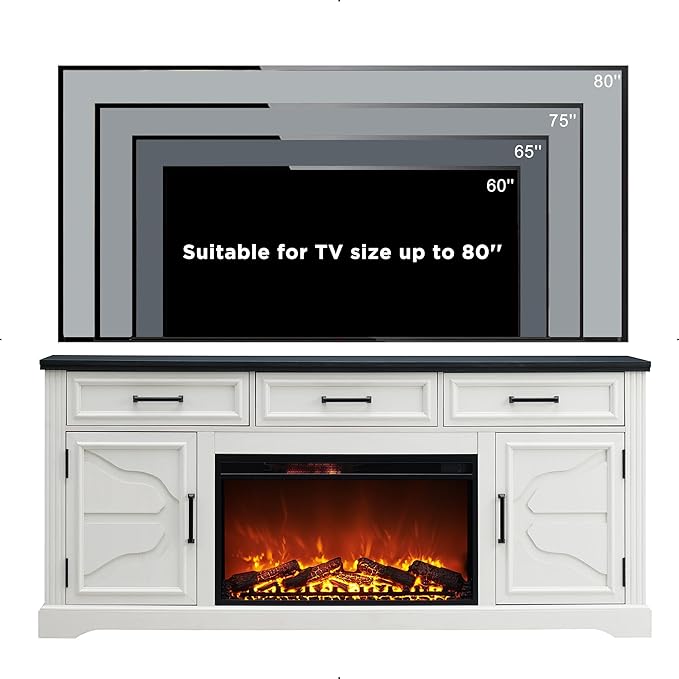 JXQTLINGMU Farmhouse Fireplace TV Stand for Up to 80 Inch TV, Entertainment Center with 30" Electric Fireplace for 65 75 Inch TV, 70" TV Stand with Storage Cabinet Drawer for Living Room (Off White)