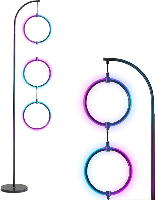 Brightech Nova Modern Color Changing Floor Lamp - LED Lamp with Stunning RGB Color Gradient and Contemporary 3-Circle Ring-Style Pendant - Corner or Over-The-Couch Arching Pole Standing Lamp - Black