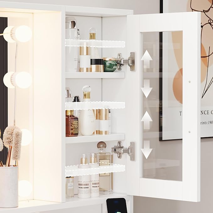 59" Makeup Desk with Drawers & Cabinet & Dresser, White Vanity Table with Drawer Dresser, Large Vanity Table with 8 Drawers, Vanity Desk with Large Mirror and 3-Color Lights for Girls, Dressing Table