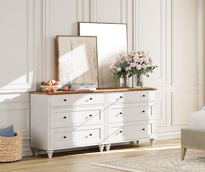 Wampat Modern TV Stand for TVs up to 110 inch, 4 in 1 Entertainment Center with Storage Cabinets and 4 Glass Door, Media Console with 6 Drawer Dresser for Living Room, White