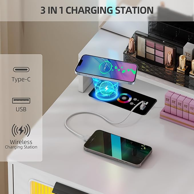 LED Make Up Vanity Desk with Mirror and Light, Smart Dressing Table with 6 Drawers, 3 Shelves, 24 Color Lighting Modes, Cushioned Stool, USB Type-C Storage for Bedroom Dressing Room White