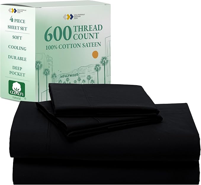 California Design Den King Sheet Set - Luxury 600 Thread Count Sateen, Natural 100% Cotton, Fully Elasticized Deep Pocket King Bed Sheets, Crisp, Cool and Durable Hotel Quality Bedding - Black