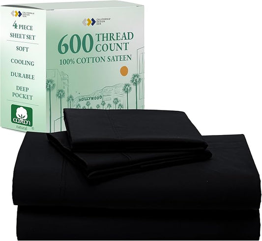 California Design Den Full Sheet Set - Luxury 600 Thread Count Sateen, Natural 100% Cotton Bed Sheets, Fully Elasticized Deep Pockets, Crisp, Cool and Durable Hotel Quality Bedding - Black