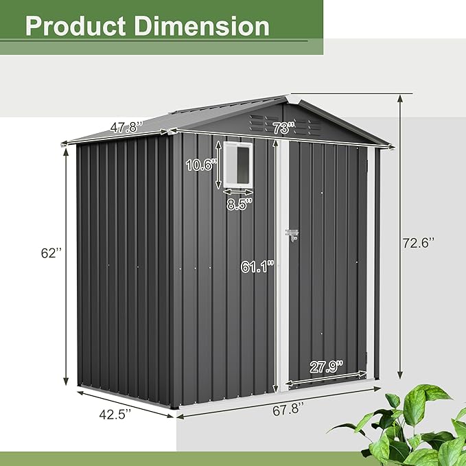 6x4 FT Outdoor Storage Shed with Windows Metal Garden Sheds with Lockable Doors Waterproof Galvanized Small Tool Storage Steel Sheds with Air Vents Sloping Roof Ideal for Backyard Patio Lawn Gray