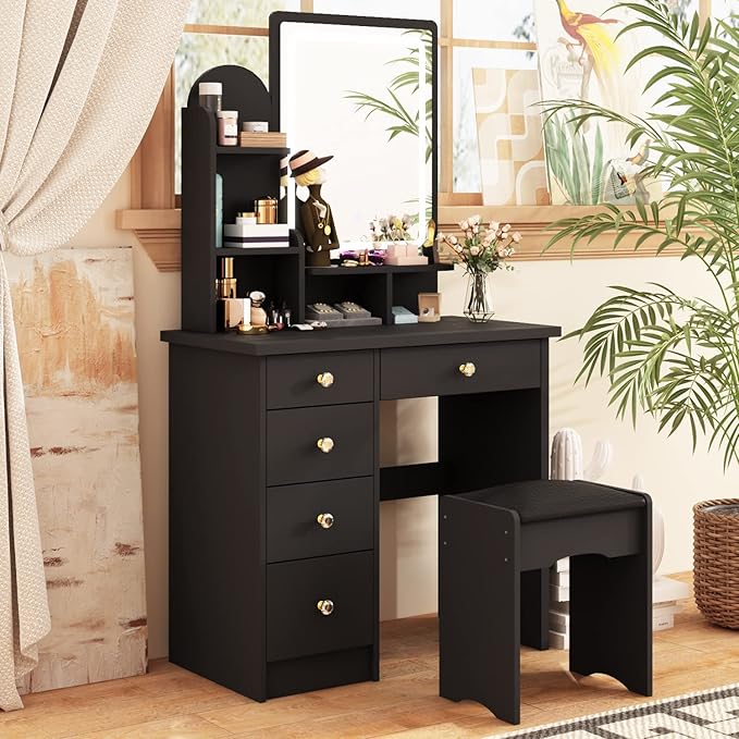 ECACAD Vanity Desk, Vanity Table Set with LED Lighted Mirror, Makeup Vanity Dressing Table with 5 Drawers, Storage Shelves and Cushioned Stool, Black