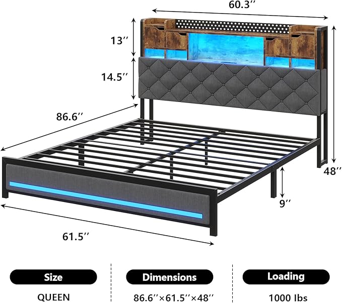 Queen Platform Bed Frame with Headboard and Hidden Storage, Bookcase Bed Frame with Charging Station and Smart LED Lights, Noise-Free,Heavy Duty Metal Support, No Box Spring Needed, Gray