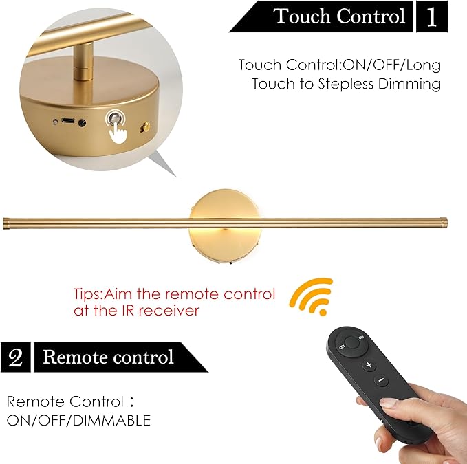 Battery Operated Wall Sconces, Dimmable Wall Sconces Set of Two, 350°Rotate, 3000K LED Gold Wireless Wall Light for Living Room, Bedroom, Hallway, 32.2 Inch (2 Pack)