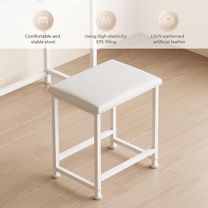 Makeup Vanity Desk with Mirror and Lights, Small Vanity with Fabric Storage Drawer & Chair & Shelves, White Compact Makeup Vanity Set for Bedroom