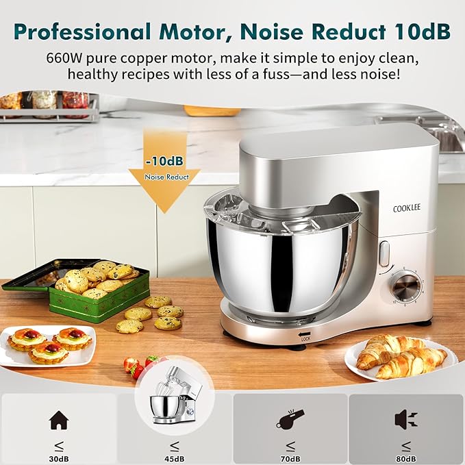 COOKLEE Stand Mixer, 9.5 Qt. 660W 10-Speed Electric Kitchen Mixer with Dishwasher-Safe Dough Hooks, Flat Beaters, Wire Whip & Pouring Shield Attachments for Most Home Cooks, Silver