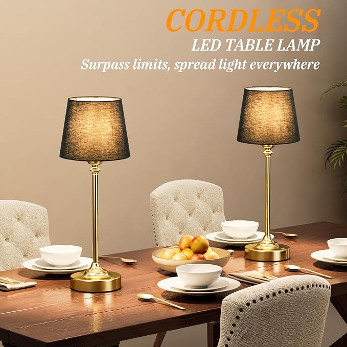 Kakanuo Cordless Table Lamps Rechargeable Set - 2 Pack Brass 4000mAH Battery Operated Lamps for Decor, 3000K Stepless Dimming Touch Wireless Lamp for Bedroom, Dining Table, Living Room, Black Shade