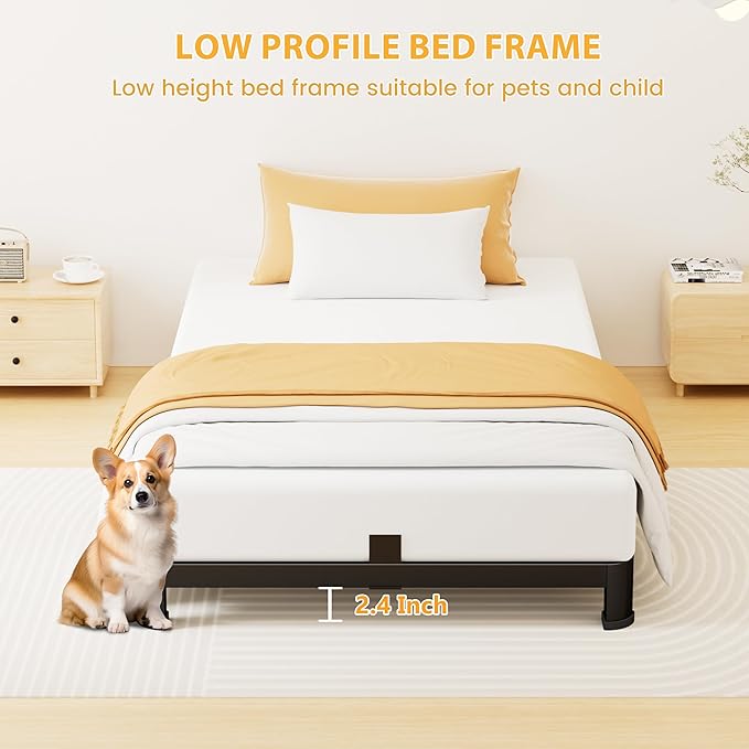 4 Inch Twin Bed Frame Low Profile, Heavy Duty Metal Platform Bed Frame with Round Corner Legs, Sturdy Mattress Foundation, No Box Spring Needed, Easy Assembly, Noise Free, Black