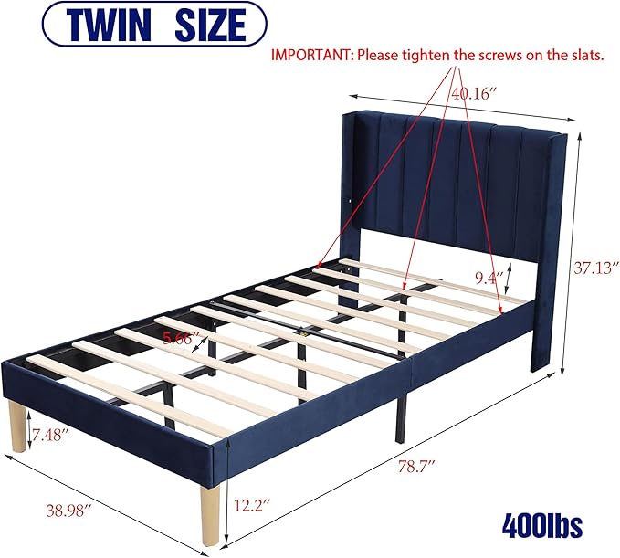 Upholstered Platform Twin Size Bed Frame with Headboard Wooden Slats Support No Noise Easy Assembly Blue Velvet