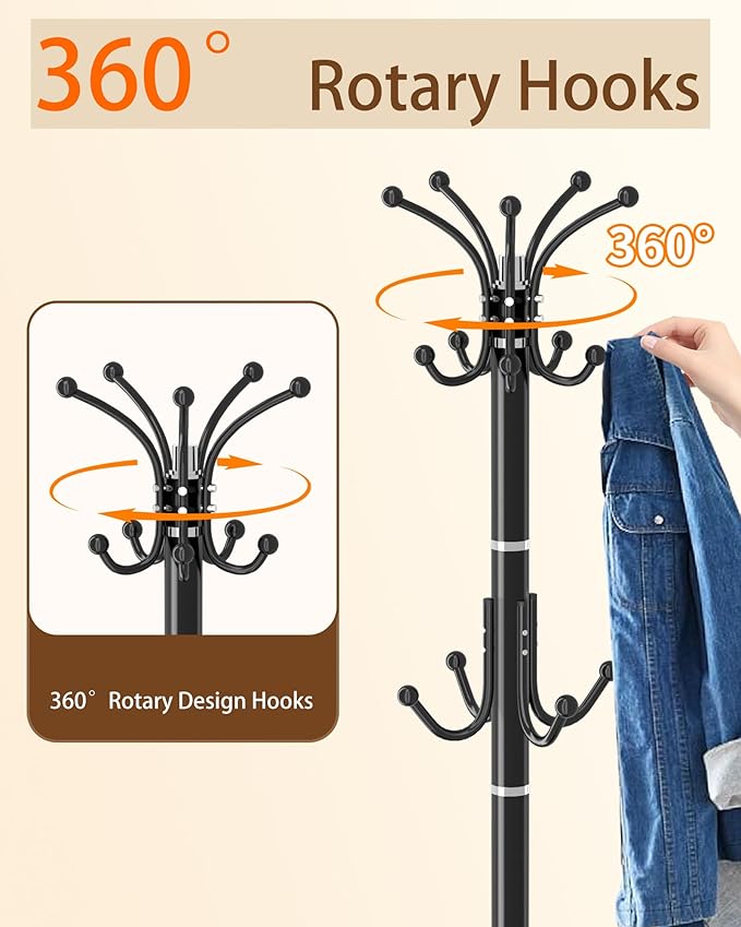 EZIVIEZ Modern Coat Rack Stand, Metal Freestanding Coat Rack with Natural Marble Base, Coat Racks with Umbrella Holder,Coat Hanger Stand with 12 Hooks for Office, Entryway (Black-360° Rotary 14 Hooks)