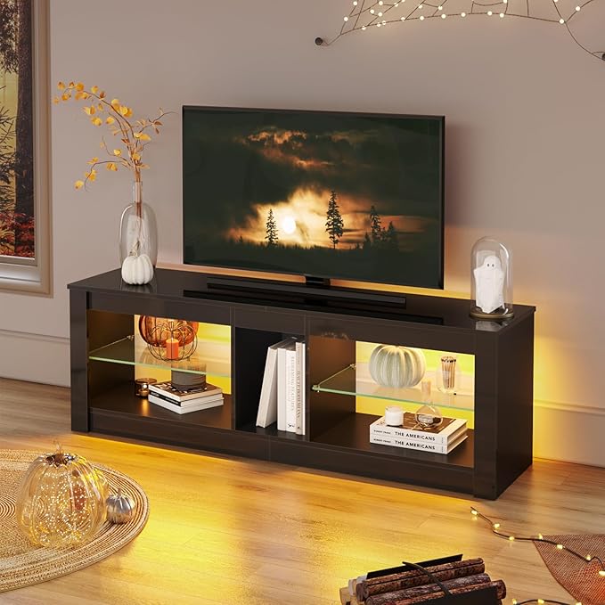 Bestier Modern TV Stand for 65 inch TV with LED Lights, High Gloss Entertainment Console Table with Storage Shelves for Living Room in Glossy Black