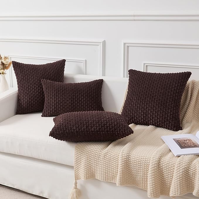 Kevin Textile Decorative Pillow Covers Set of 2 Striped Plush Corduroy Rectangle Lumbars Boho Home Decor Cushion Covers for Couch Sofa Bed Living Room 12x20 Inch, Coffee