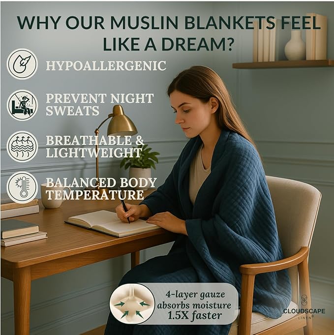 Extra Large 4 Layer Muslin Throw Blanket, 100% Cotton Blanket for Couch, Bed,Sofa, Home Decor,Pre-Washed Gauze, Best Summer Blanket, 50x70, Ensign Blue