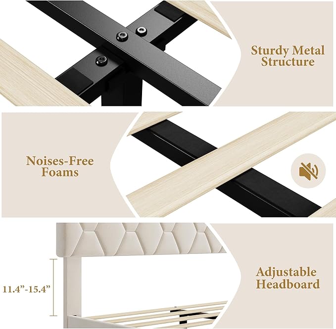 GAOMON Beige Queen Bed Frame with Upholstered Headboard, Heavy-Duty Platform Bed Frame with Strong Wood Slats, No Box Spring Needed/Noise Free/Easy Assembly
