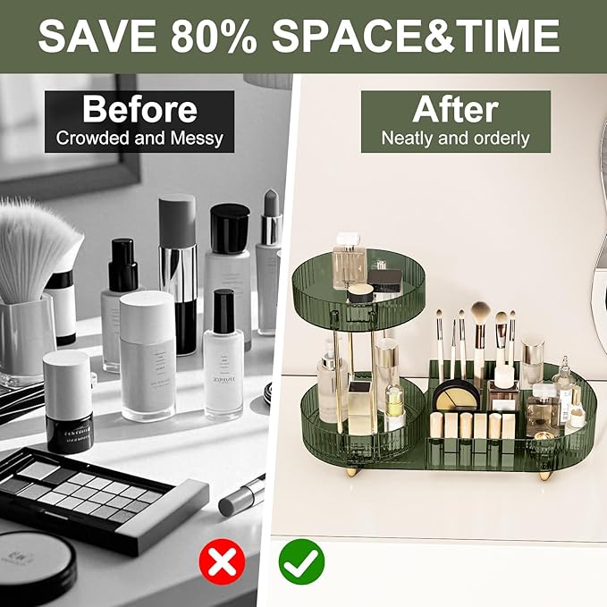 DASITON 360° Rotating Makeup Organizer for Vanity, 2 Tier Perfume Cosmetic Skincare Organizers with Makeup Brush Holder, Large Capacity Cosmetic Display Case for Bedroom Bathroom Countertop (Green)