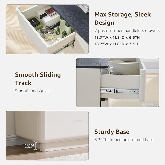 Modern 7 Drawer Dresser for Bedroom, 52" Wide Handleless Chest of Drawers, Push-to-Open Large Wood Storage, Dresser TV Stand for Bedroom, Living Room, Hallway, Curved Profile, White