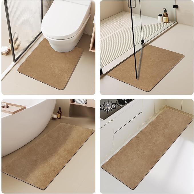 Bathroom Mat Quick Dry, Bathroom Rugs Non Slip Washable Thin Absorbent Bath Mat Fits Under Door Bathroom Floor Mat Perfect for Bath, Shower, or Sink 24"x48" Camel