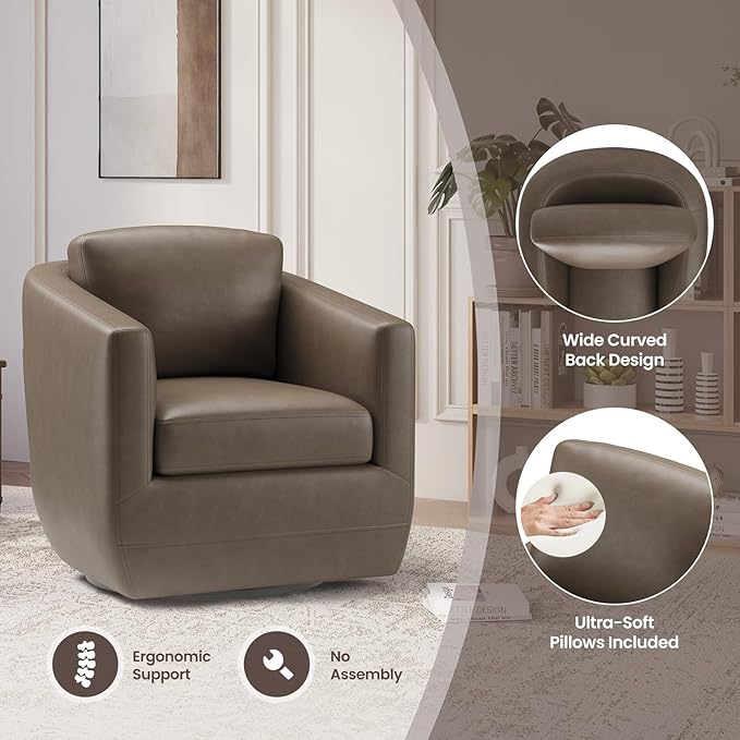 COLAMY 360° Swivel Accent Chair with Pillow, Leather Living Room Armchair No-Sag Foam & Sturdy Metal Base, Fully Assembled Swivel Accent Single Sofa for Bedroom Living Room, Reading Room, Wolf Grey