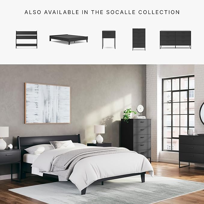 Signature Design by Ashley Socalle Modern 5 Drawer Chest with Safety Stop and Metal Legs for Bedroom, Black