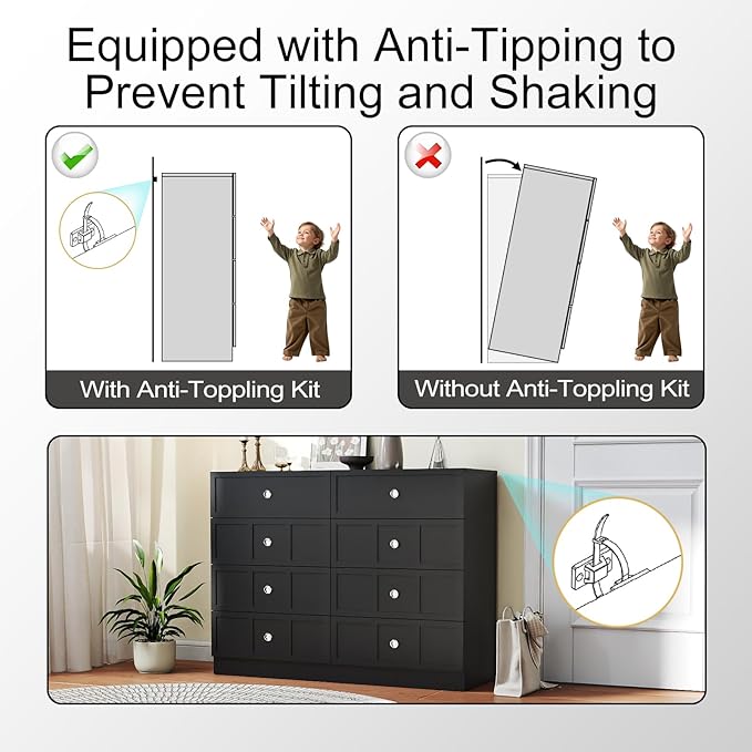 Wood Dresser for Bedroom 8 Drawer: 47" Black Chest of Drawers Wood, Modern Fluted Cabinet with Sturdy Storage, Wide Aesthetic Furniture for Room Organization