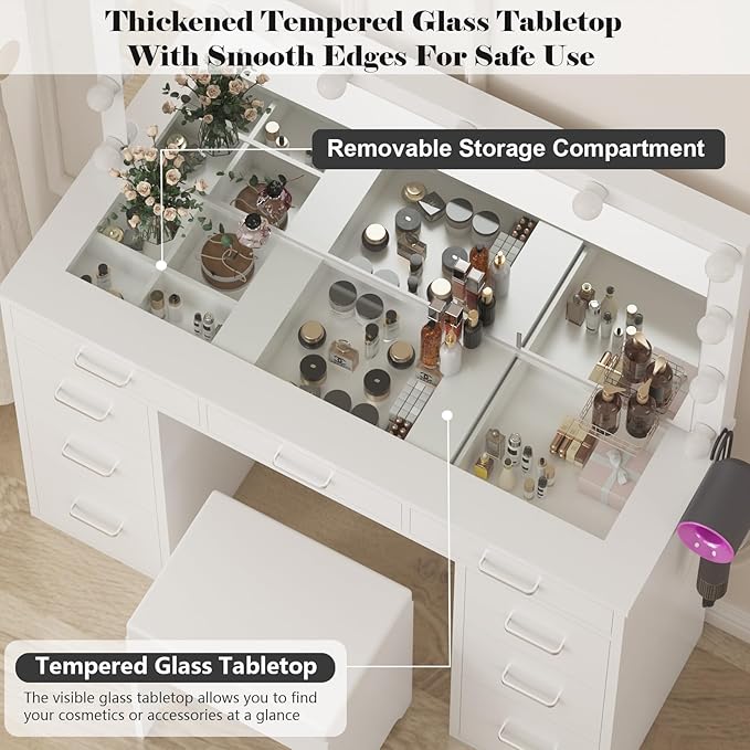 Likein Vanity Desk Set with Mirror and Lights & Power Strip, 47" Glasstop Vanity Makeup Desk with 9 Drawers for Girls, Lights Adjustable Large Hollywood Mirror Dressing Table with Chair for Bedroom