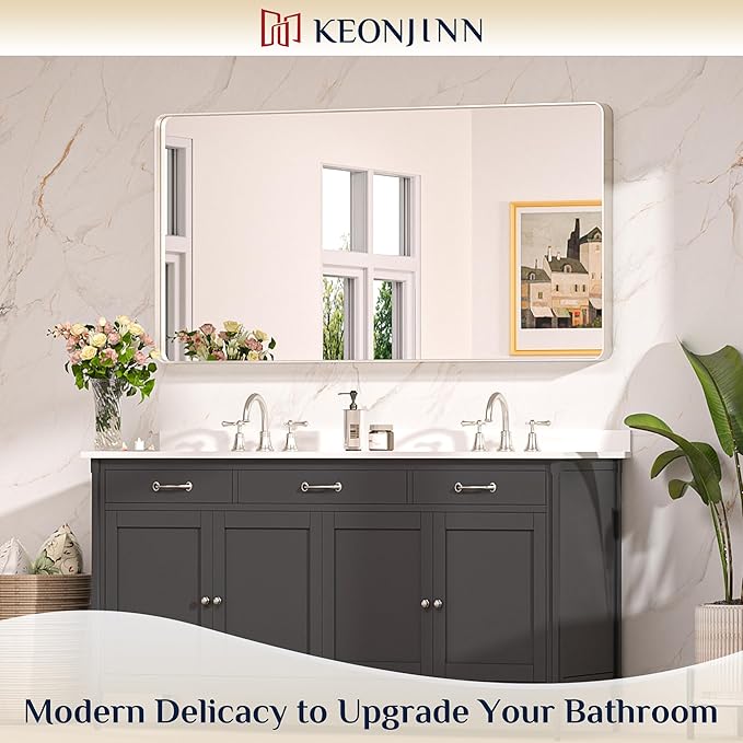Keonjinn 55 x 30 Brushed Nickel Bathroom Vanity Mirror, Large Rounded Rectangle Bathroom Mirrors for over Sink, Metal Framed Silver Mirror for Wall, Shatterproof HD Tempered Glass(Horizontal/Vertical)