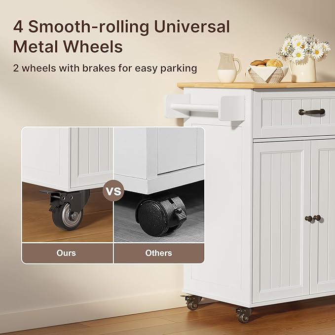 Gizoon Kitchen Island Cart with Adjustable Shelf, 33" W Mobile Trolley Cart on Metal Wheels with Drawer & Storage Cabinet, Spice Rack & Towel Rack, Wooden Countertop, for Dining Room, Bar, White