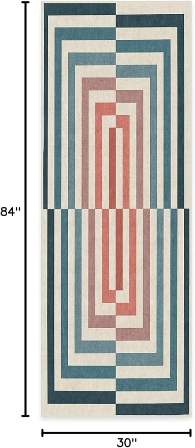 RUGGABLE x Jonathan Adler Machine Washable Modern Runner Rug – Op Art Teal 2.5x7, Stain-Resistant, Non-Slip – Washable Rug for Hallway, Entryway, Living Room & Kitchen–with Cushioned Pad