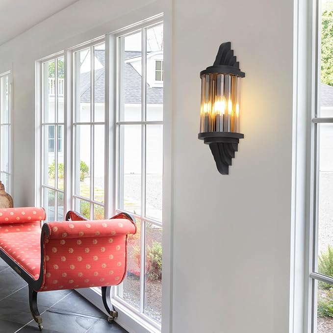 Rustic Black Wall Sconce with Amber Glass Vintage 2-Lights Antique Wall Light Fixture Retro Farmhouse Mid Centry Lantern Wall Sconce for Bedroom, Living Room, Mirror, Fireplace, E12