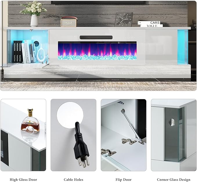 AMERLIFE High Gloss Fireplace TV Stand with 36" Fireplace, 70" LED Lights Entertainment Center with Flip Doors & Corner Glass Decor, Modern TV Console Table for TVs up to 80", Living Room, White&White
