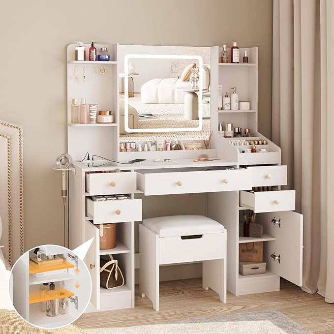 Vabches Vanity Desk with Mirror and Lights, 5 Drawers Makeup Vanity Table with Storage Chair, 44.9in Big Vanity Dresser 3 LED Lighting Modes,Power Outlet,Bedroom White