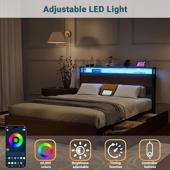 Full Size Bed Frame with 4 Storage Drawers, Full Platform Bed Frames with 2 Tier Storage Headboard, Charging Station, Adjustable LED Light, Noise-Free, No Box Spring Required, Reddish Brown