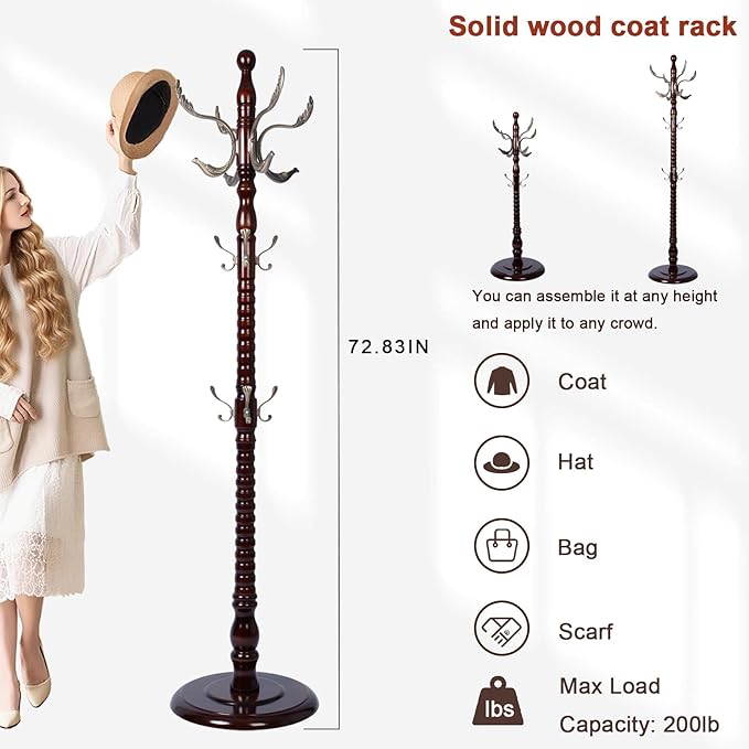 Coat Racks Freestanding, Natural Wood Coat Stands with 14 Hooks, 73" Heavy Duty Adjustable Height Vintage Hall Tree for Entryway, Bedroom, Office, Easy Assembly (Fenghuang Gou)