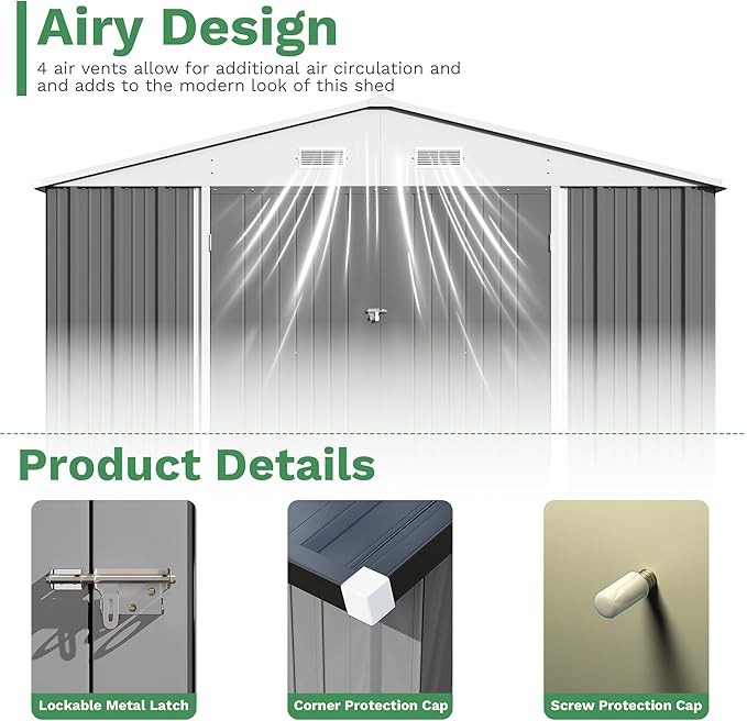 Patiowell 10x14 FT Outdoor Storage Shed, Large Metal Garden Shed with Lockable Door and Sloping Roof, Outside Steel Utility Tool Sheds for Backyard Lawn Garden Patio, Grey