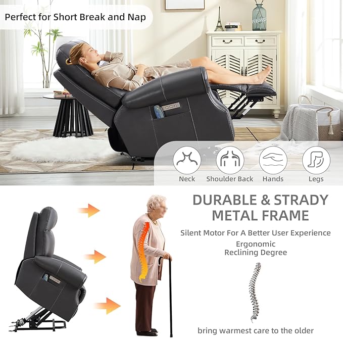 Phoenix Home Genuine Leather Power Lift Recliner Chair for Elderly with Massage and Heating, Electric Recliner for Seniors with Extended Footrest, Type-C and USB Port, Side Pocket, Grey
