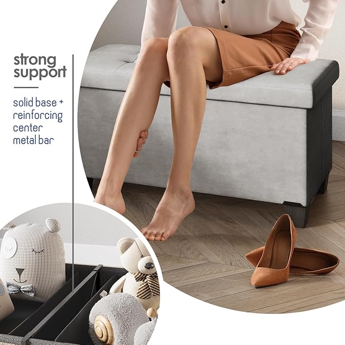 STORAGEBUD Storage Ottoman Bench with Bins, 30-in Storage Bench for Bedroom End of Bed, Folding Foot Rest Ottoman for Living Room Max 660lbs, Velvet Ottomans, Light Grey