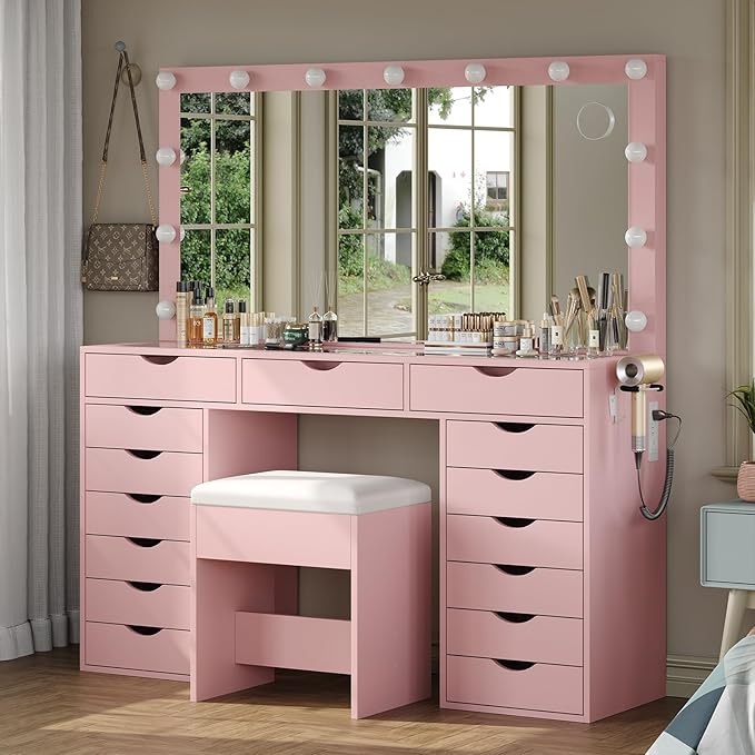15 Drawers Vanity Desk with Power Outlet, Makeup Table with Mirror and 13 LED Lights, 3 Color Lighting Modes, Brightness Adjustable, Glass Top Dressing Table, Vanity Set for Bedroom, Pink