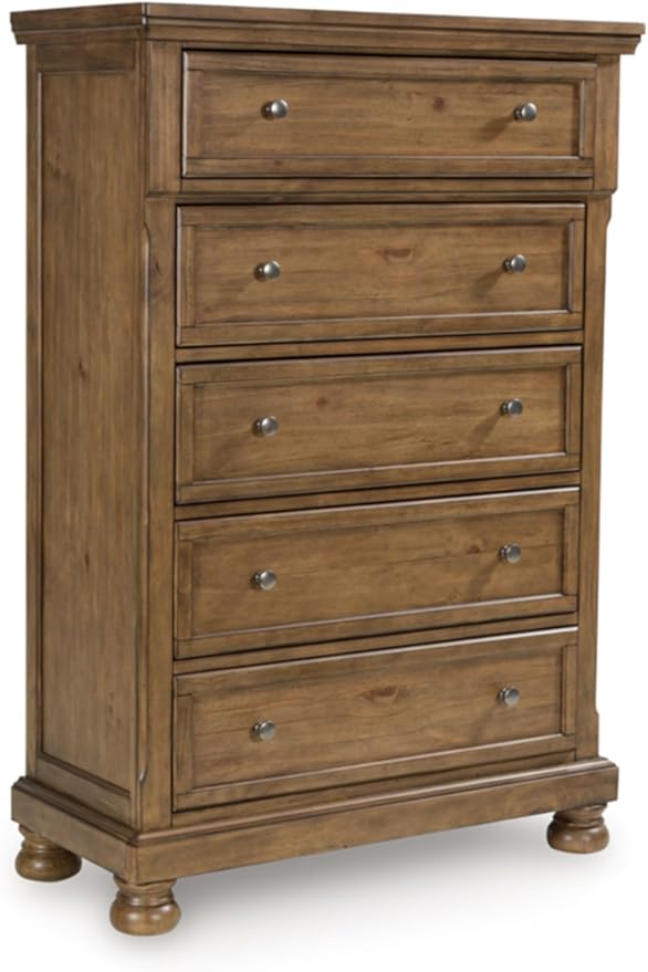 Signature Design by Ashley Glarrison Farmhouse 5-Drawer Chest with Felt-Lined Top Drawer and Easy Glide for Bedroom, Light Brown