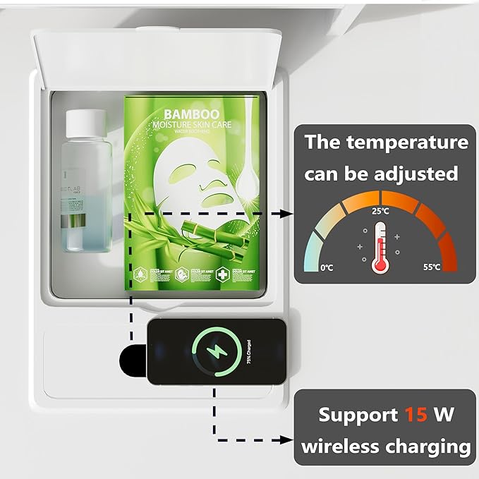 Vanity Desk with Mirror and Lights,Makeup Vanity Desk with Facial Mask Box, Dressing Table with Bluetooth Speaker, Makeup Vanity Set with Wireless Charger, 9 Drawers and 10 Shelves (White)