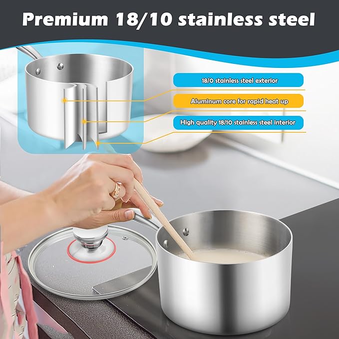 E-far 3-Quart Saucepan, Tri-Ply Stainless Steel Sauce Pan with Glass Lid, Small Cooking Induction Pot Compatible with All Cooktops, Non Toxic, Oven & Dishwasher Safe